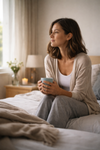 mujer tranquila reflexionando después de una experiencia difícil