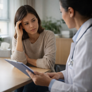 mujer hablando con una doctora sobre su salud en consulta médica