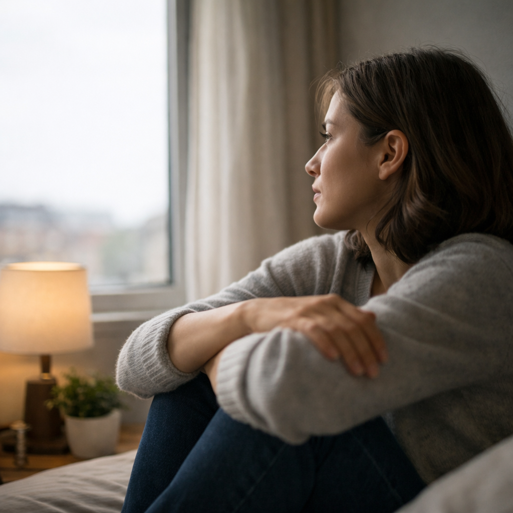 mujer reflexionando sola cerca de una ventana en un momento difícil