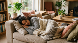 mujer descansando después de proceso personal en casa